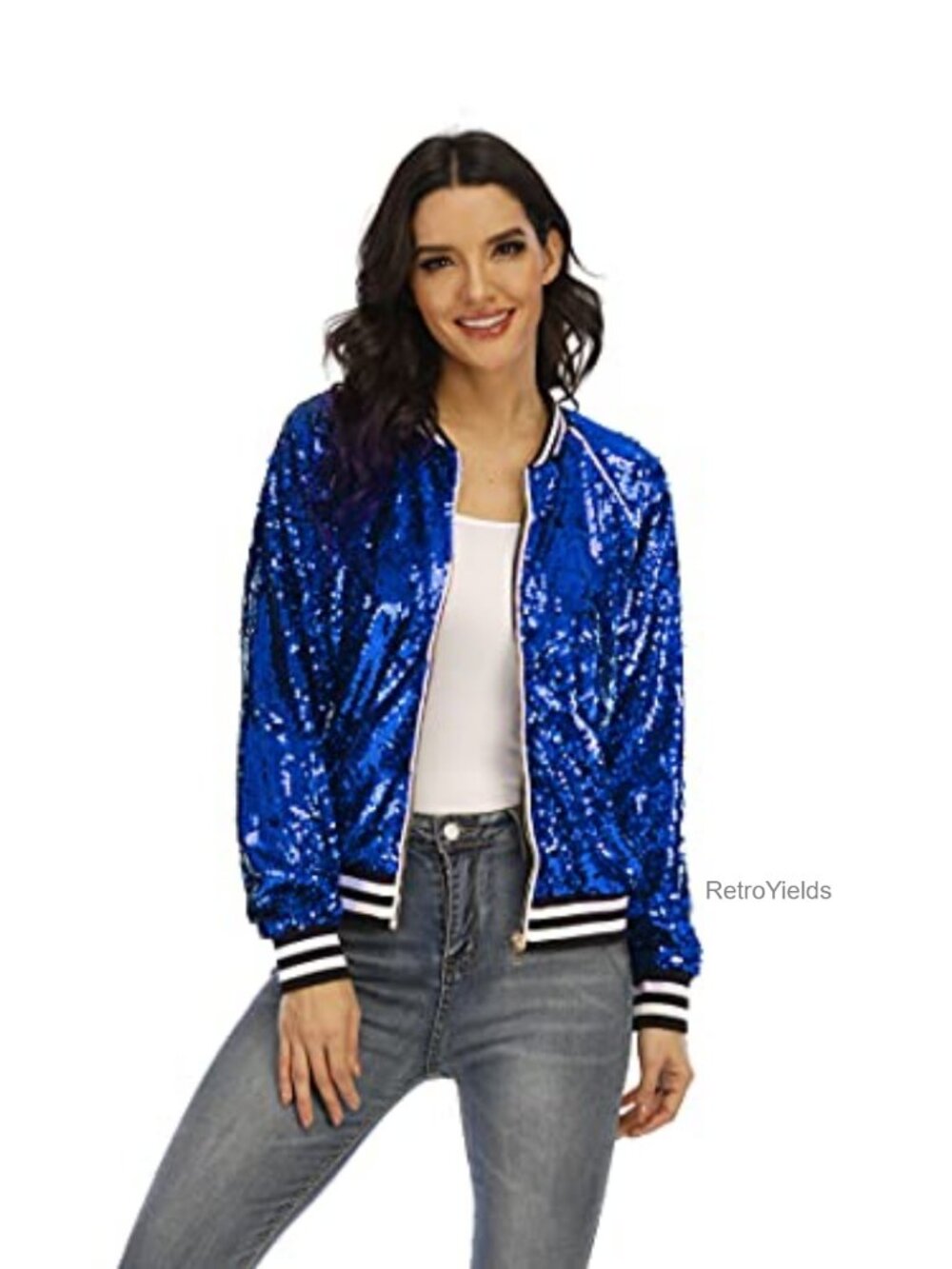 Women Sequin Bomber Jacket Zip Up Lightweight Party Concert Coat